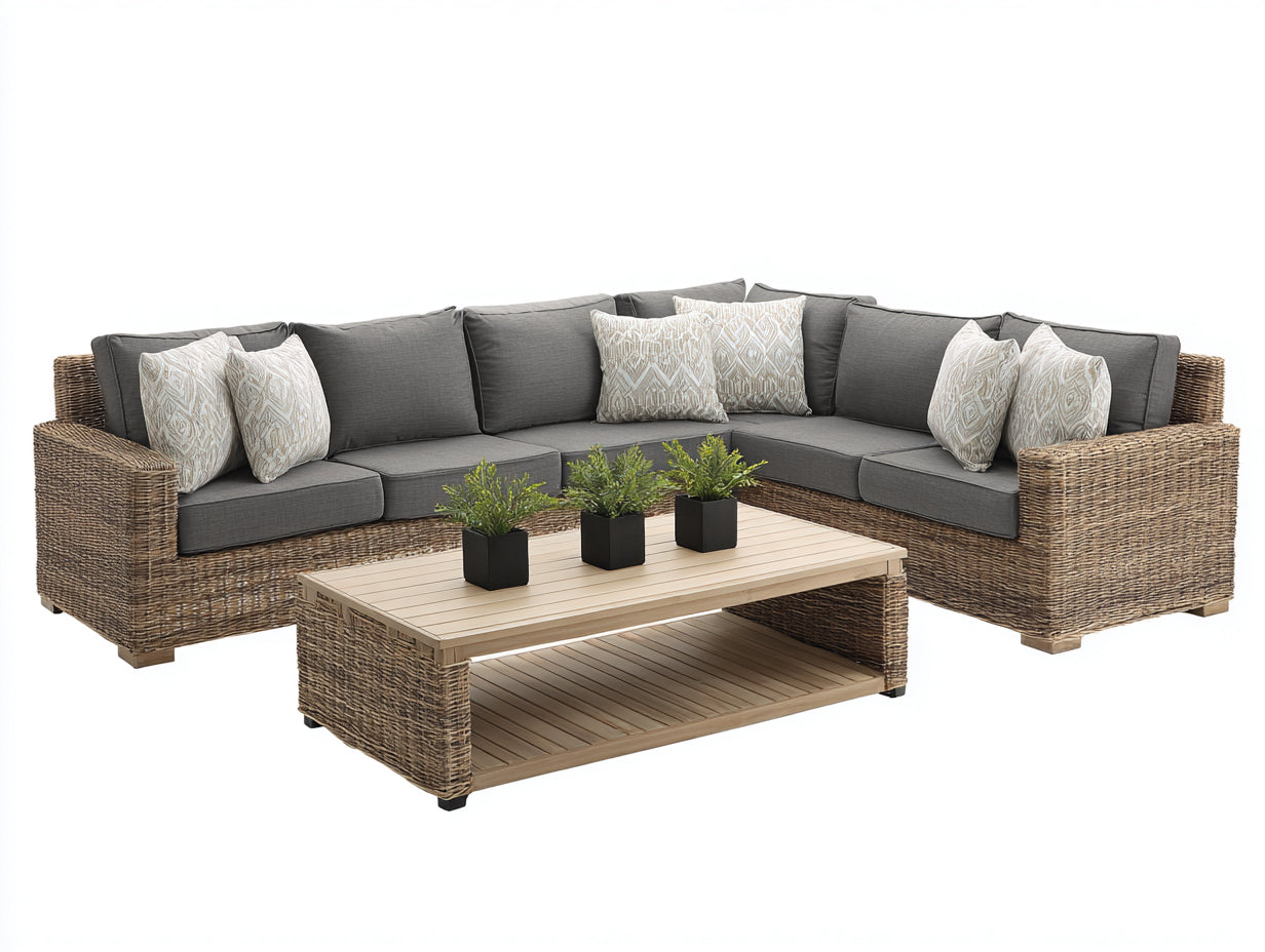 Canapé de jardin - Résine tressée-Bois - 250 x 190 x 68 cm - Marron-Gris - Contemporain