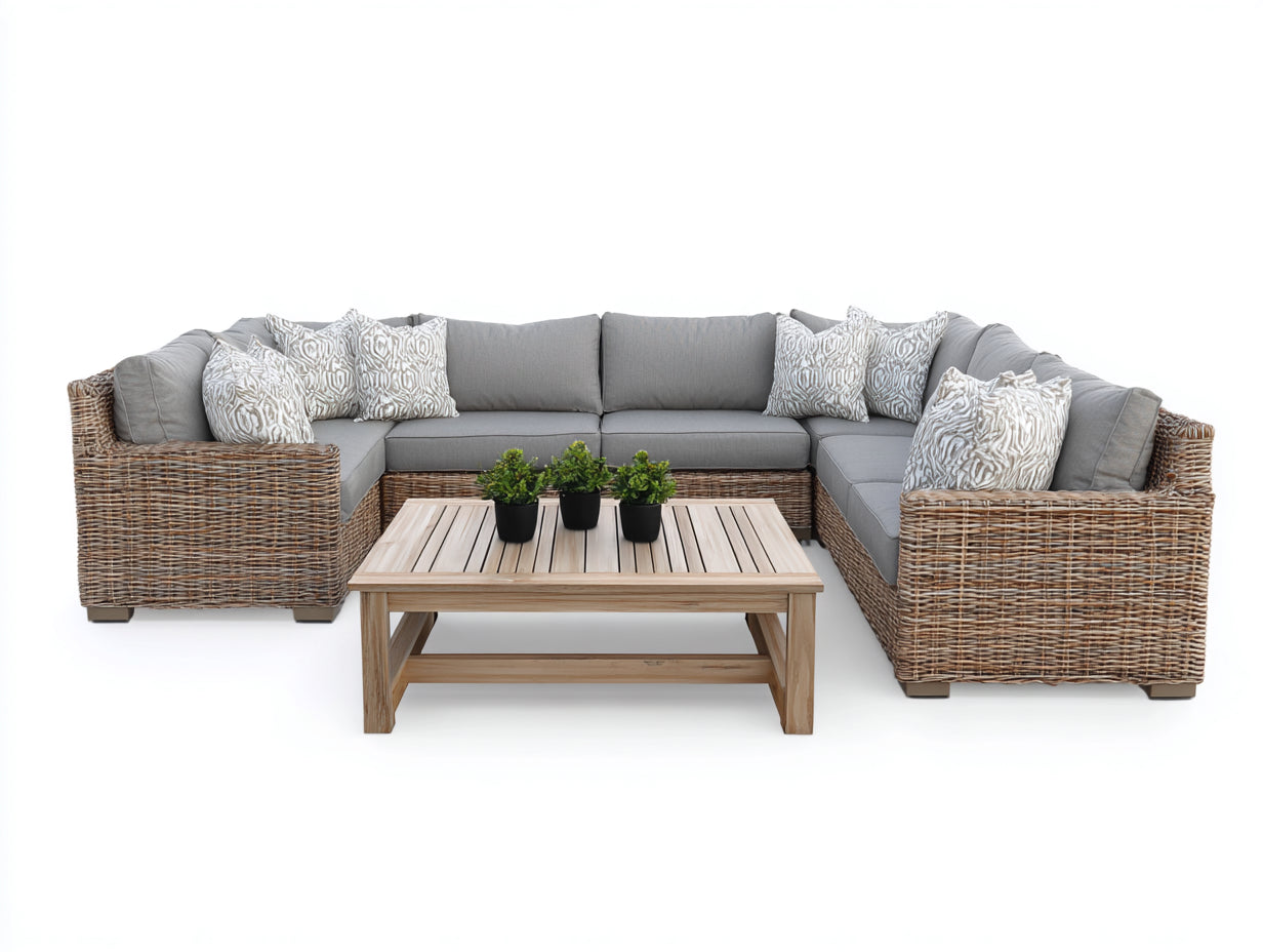 Canapé de jardin - Résine tressée-Bois - 255 x 198 x 69 cm - Marron-Gris clair - Contemporain