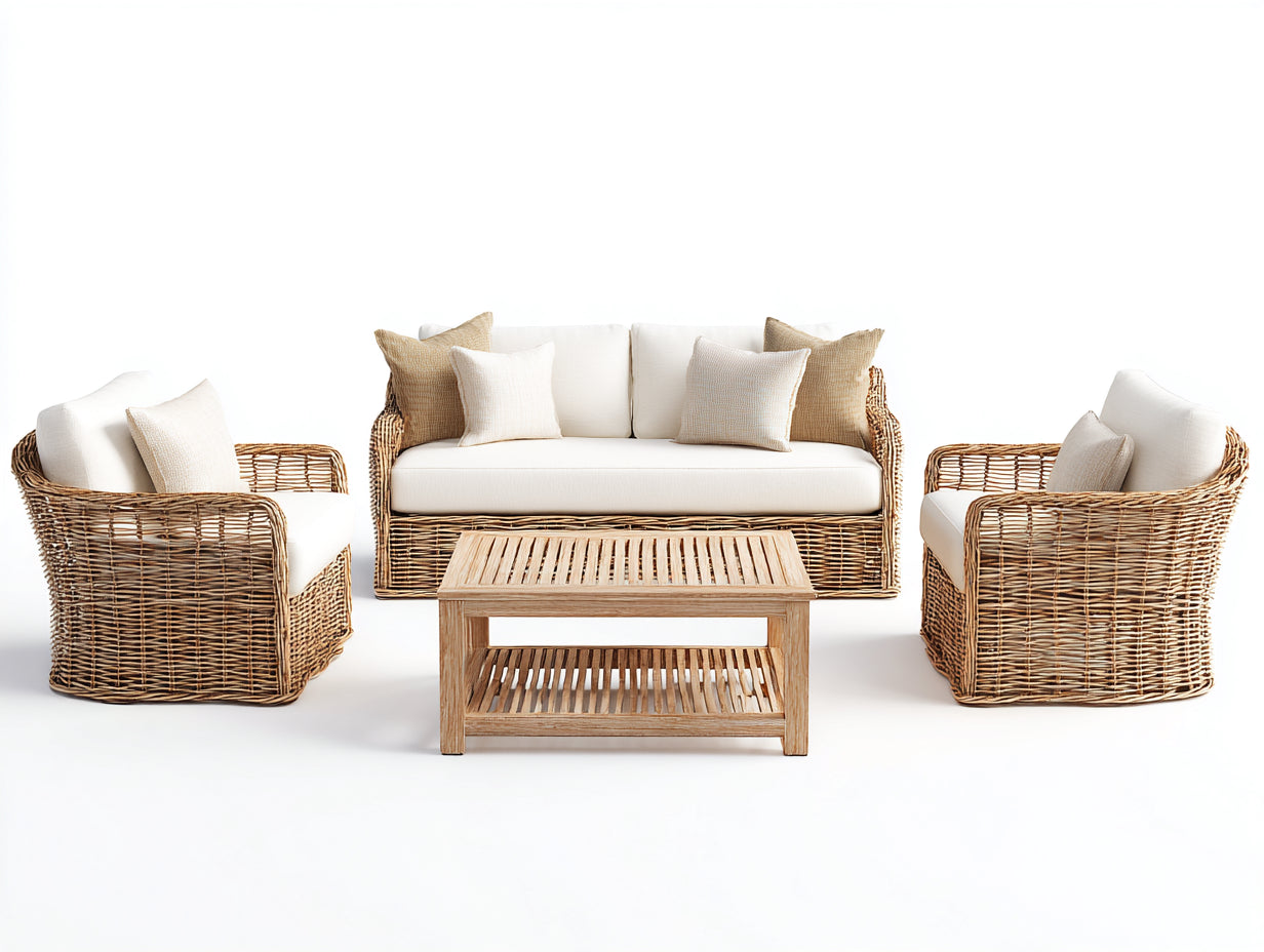 Canapé de jardin - Rotin-Bois - 178 x 78 x 79 cm - Naturel-Blanc - Champêtre