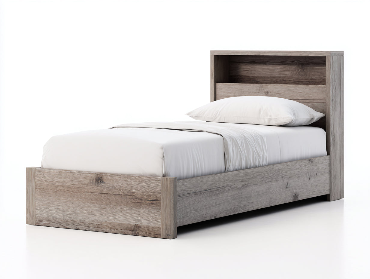 Lit simple-bois-205x99x101 cm-chêne gris-chêne clair-style moderne avec tête de lit niche