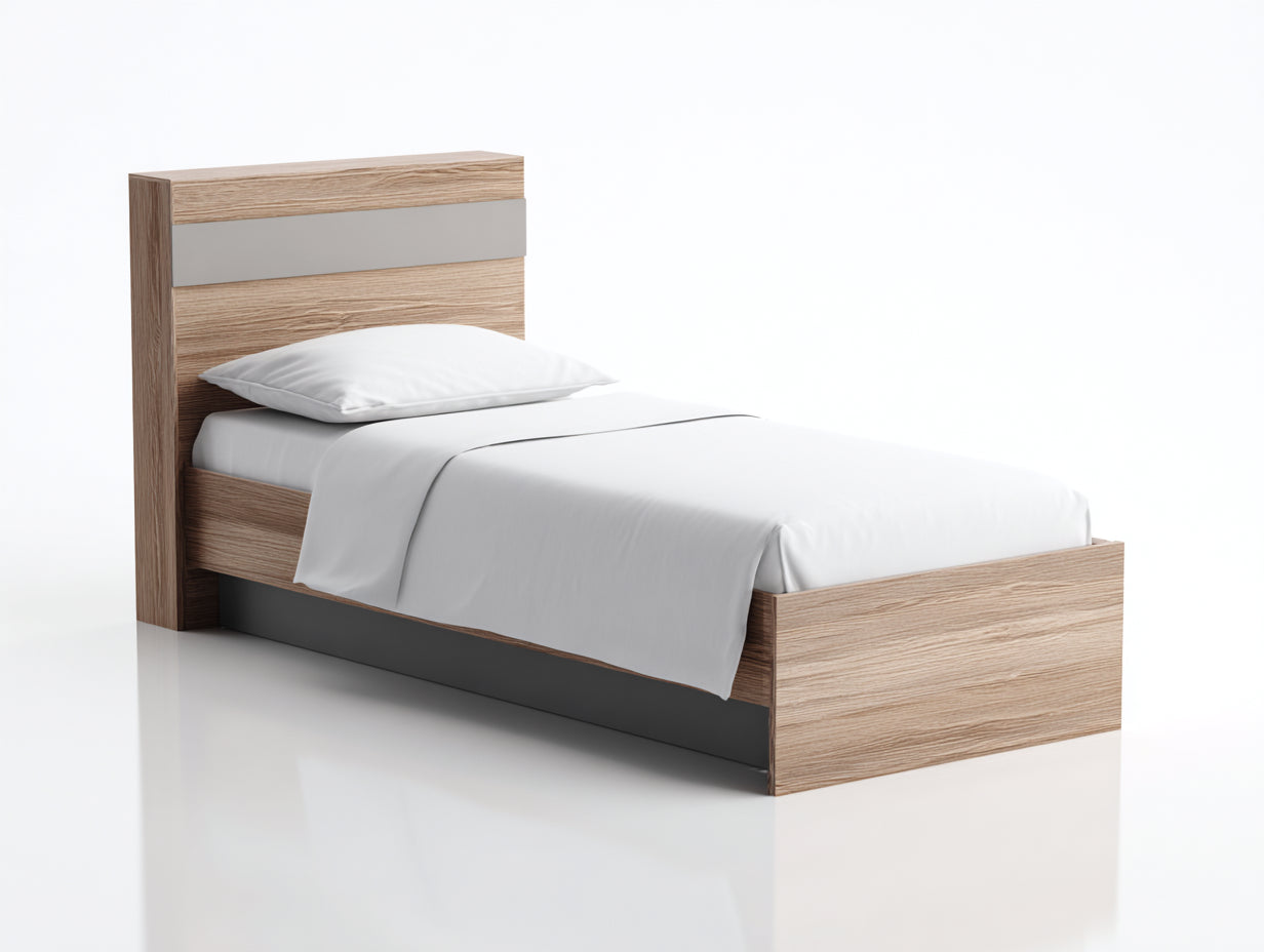 Lit simple-bois-205x98x105 cm-chêne clair-gris-style moderne avec panneau contrasté