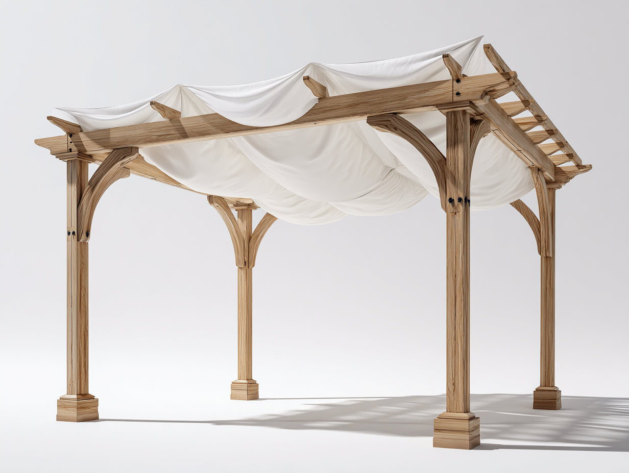 Pergolas et tonnelles - Bois-Tissu - 360 x 300 x 278 cm - Bois naturel-Blanc - Rustique