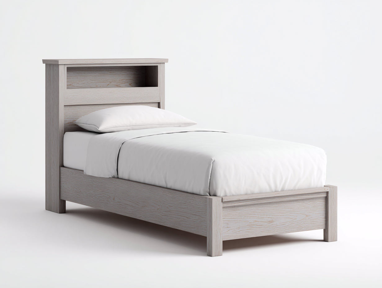 Lit simple-bois-204x98x112 cm-chêne blanchi-style campagne avec tête de lit niche