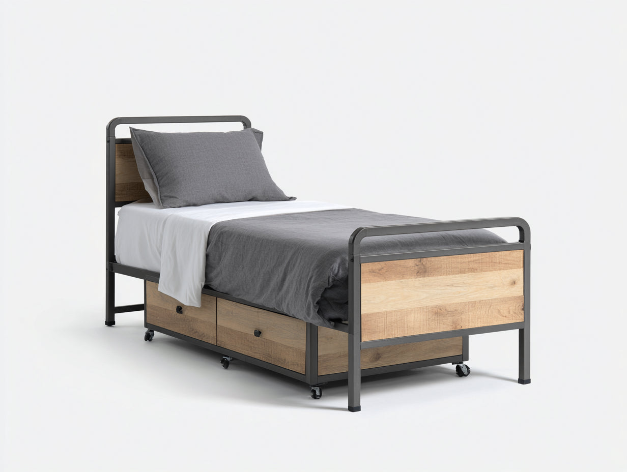 Lit simple-métal-bois-205x98x100 cm-gris foncé-naturel-style industriel avec rangement