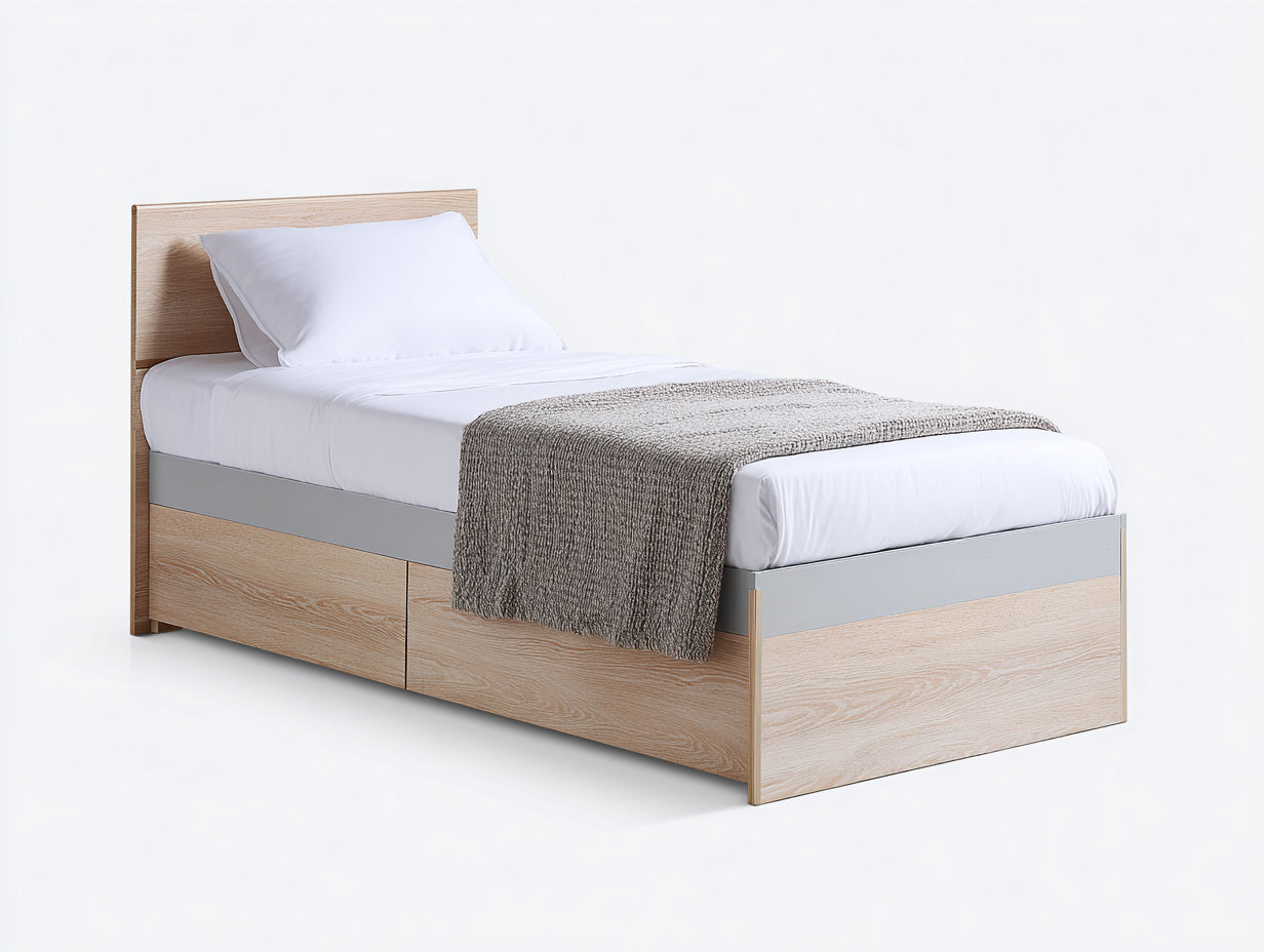 Lit simple-bois-204x97x86 cm-naturel-gris clair-style fonctionnel avec rangement